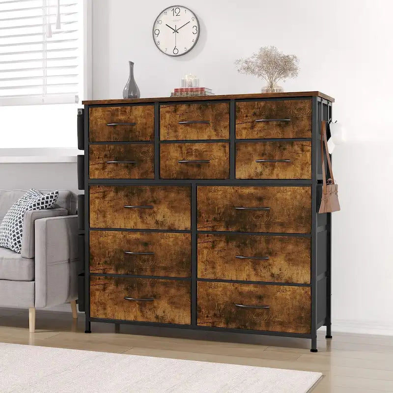 Commode haute en tissu 12 tiroirs, cadre en acier, poches latérales, organiseur de rangement rose