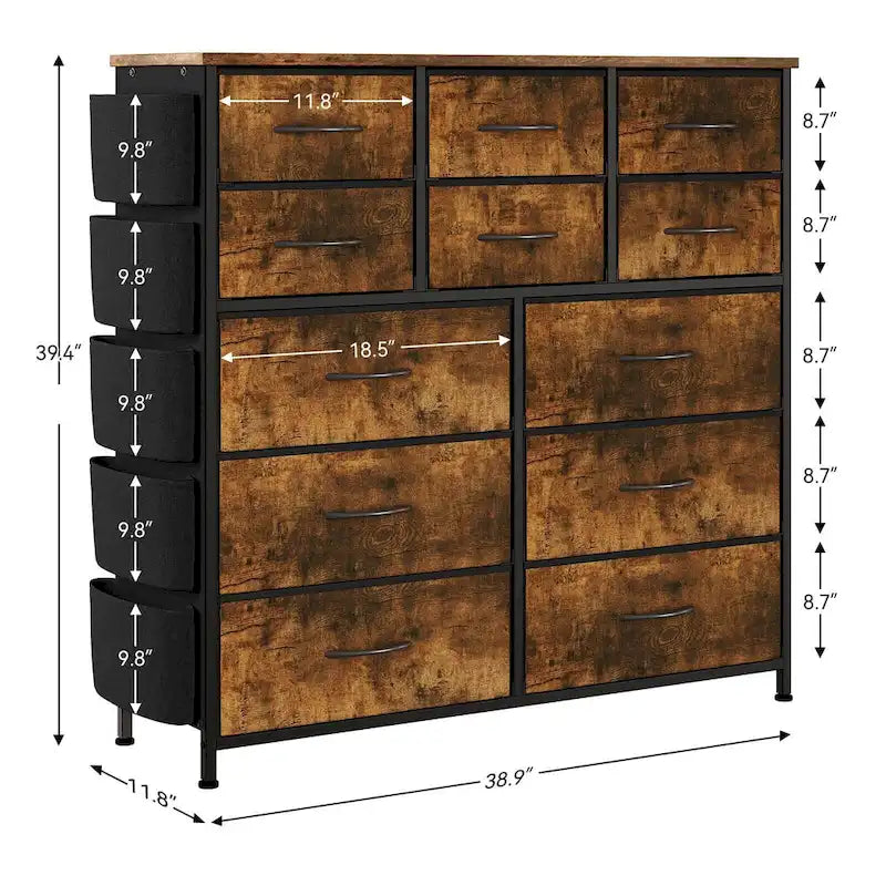 Commode haute en tissu 12 tiroirs, cadre en acier, poches latérales, organiseur de rangement rose
