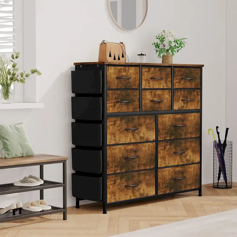 Commode haute en tissu 12 tiroirs, cadre en acier, poches latérales, organiseur de rangement rose