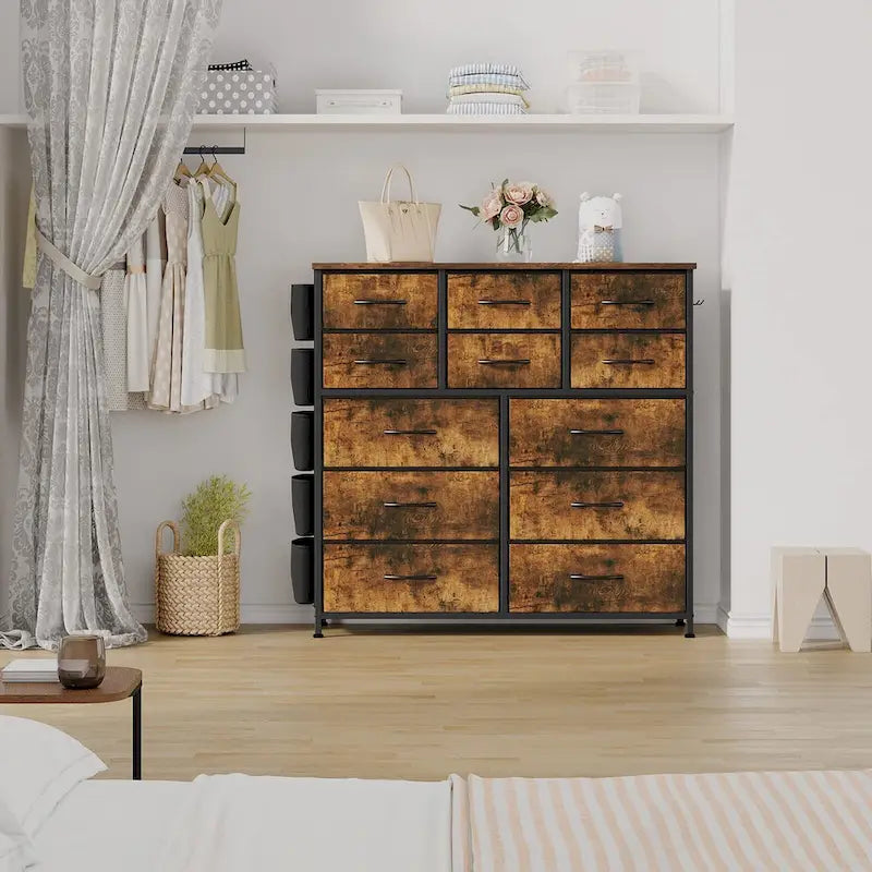 Commode haute en tissu 12 tiroirs, cadre en acier, poches latérales, organiseur de rangement rose