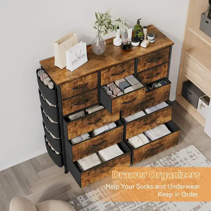 Commode haute en tissu 12 tiroirs, cadre en acier, poches latérales, organiseur de rangement rose