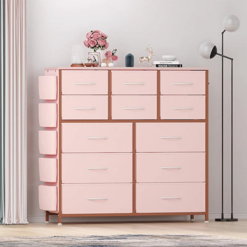 Commode haute en tissu 12 tiroirs, cadre en acier, poches latérales, organiseur de rangement rose