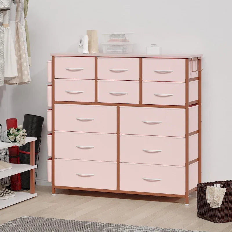 Commode haute en tissu 12 tiroirs, cadre en acier, poches latérales, organiseur de rangement rose