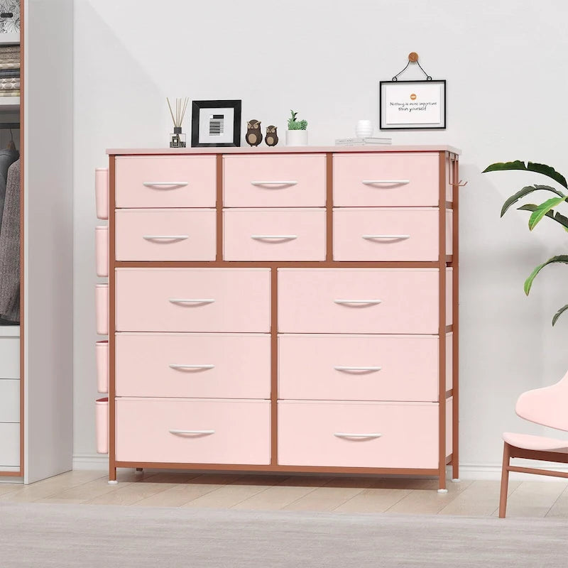 Commode haute en tissu 12 tiroirs, cadre en acier, poches latérales, organiseur de rangement rose