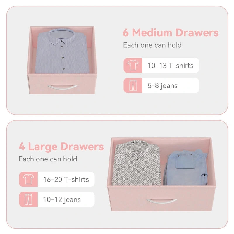 Commode haute en tissu 12 tiroirs, cadre en acier, poches latérales, organiseur de rangement rose