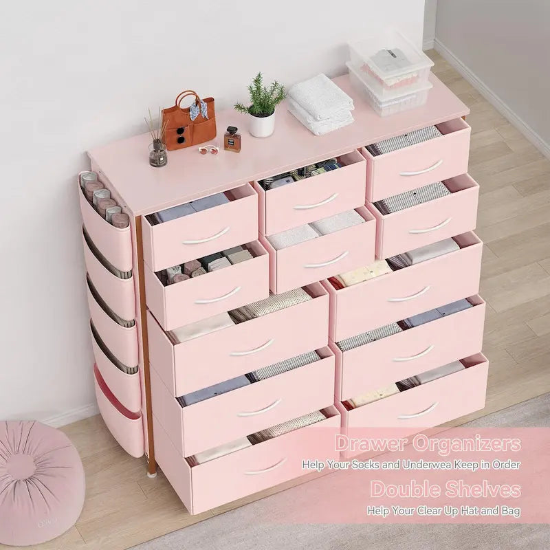 Commode haute en tissu 12 tiroirs, cadre en acier, poches latérales, organiseur de rangement rose