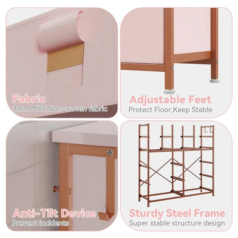 Commode haute en tissu 12 tiroirs, cadre en acier, poches latérales, organiseur de rangement rose