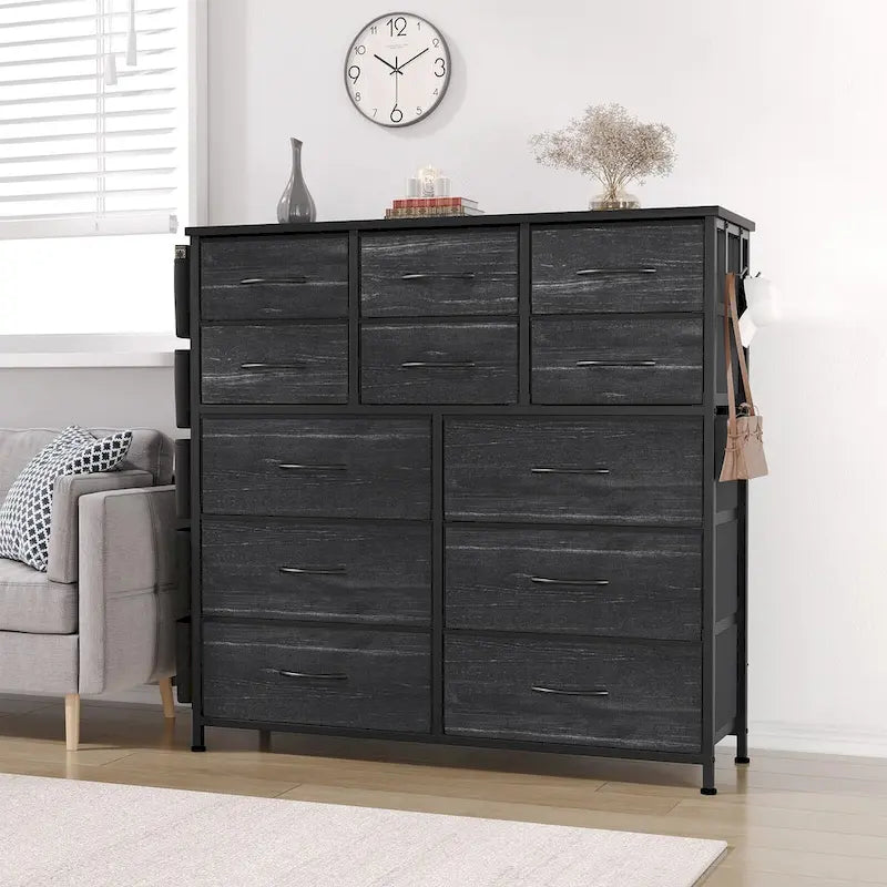 Commode haute en tissu 12 tiroirs, cadre en acier, poches latérales, organiseur de rangement rose