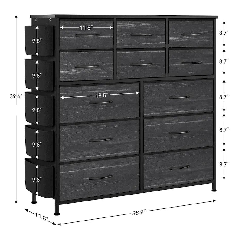 Commode haute en tissu 12 tiroirs, cadre en acier, poches latérales, organiseur de rangement rose