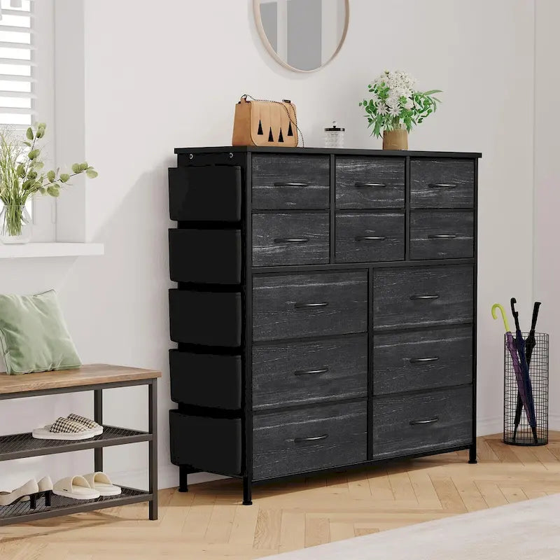 Commode haute en tissu 12 tiroirs, cadre en acier, poches latérales, organiseur de rangement rose