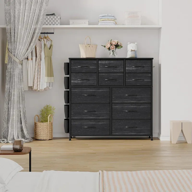 Commode haute en tissu 12 tiroirs, cadre en acier, poches latérales, organiseur de rangement rose