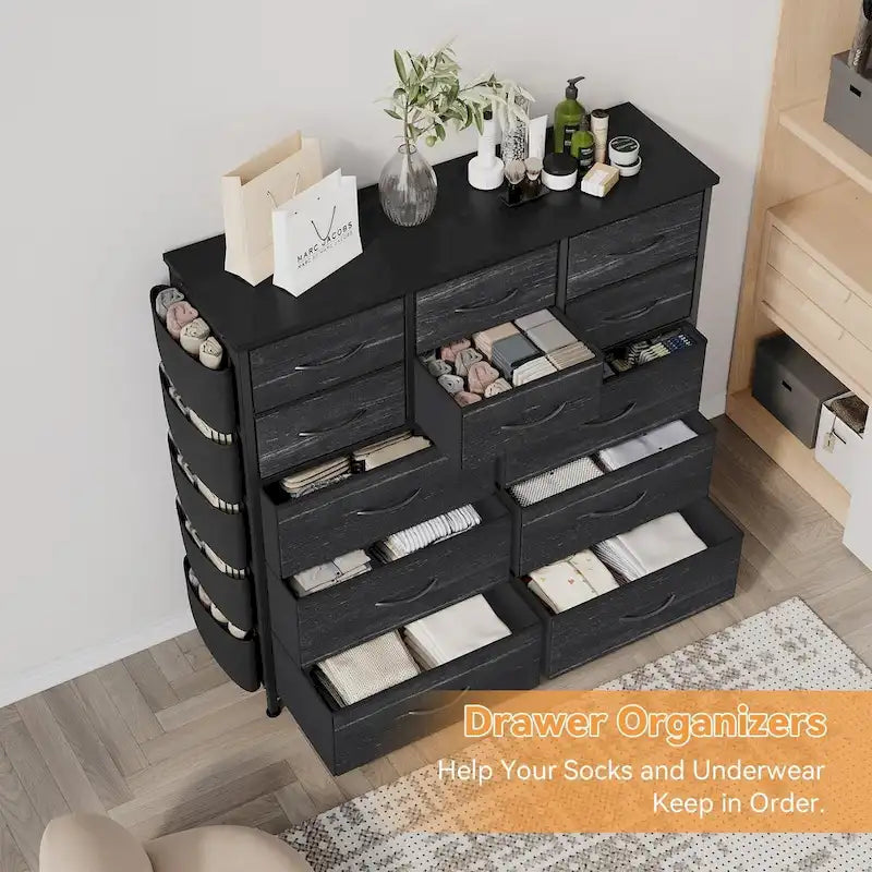 Commode haute en tissu 12 tiroirs, cadre en acier, poches latérales, organiseur de rangement rose
