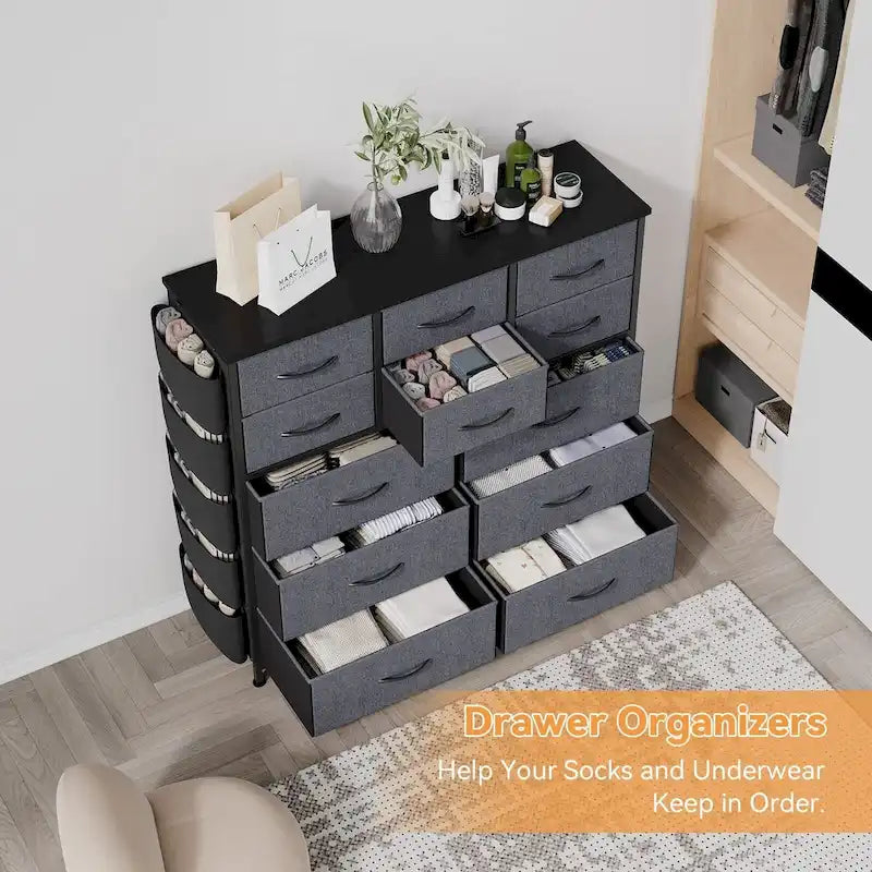Commode haute en tissu 12 tiroirs, cadre en acier, poches latérales, organiseur de rangement rose