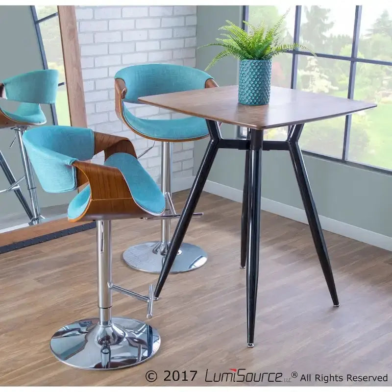 Tabouret de bar pivotant réglable de style Mid-Century Modern avec accents en bois de noyer coloris sarcelle crème gris