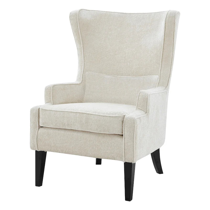 Fauteuil d'appoint dossier haut en tissu crème avec coussin lombaire et pieds noirs