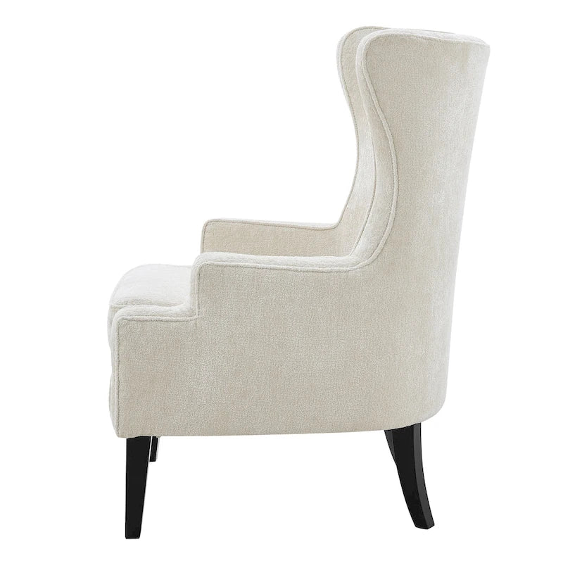 Fauteuil d'appoint dossier haut en tissu crème avec coussin lombaire et pieds noirs