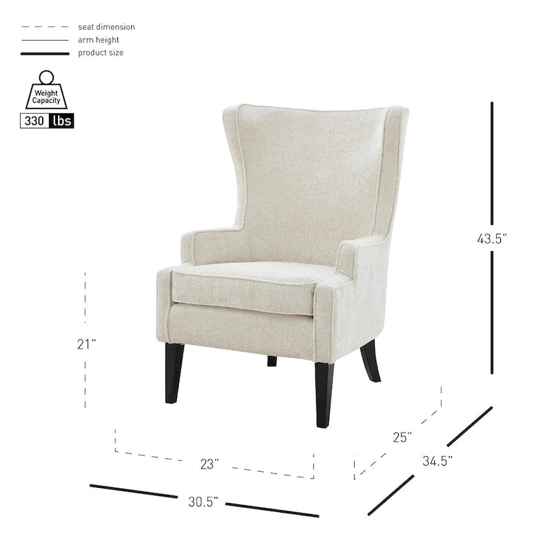 Fauteuil d'appoint dossier haut en tissu crème avec coussin lombaire et pieds noirs