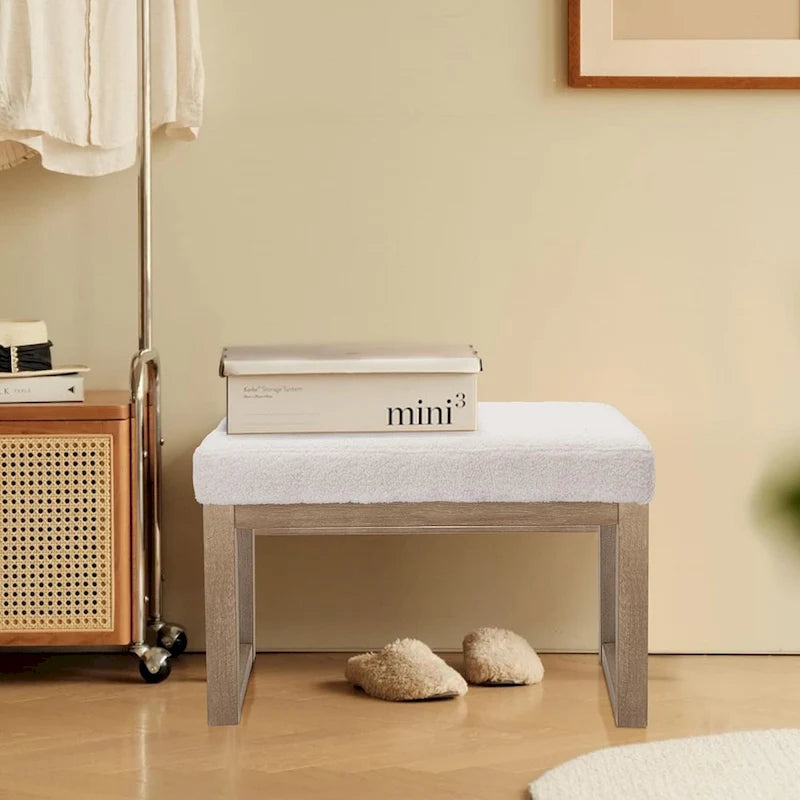 Banc ottoman rectangulaire en velours blanc, pieds en bois massif