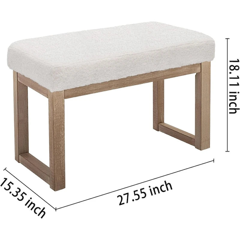 Banc ottoman rectangulaire en velours blanc, pieds en bois massif
