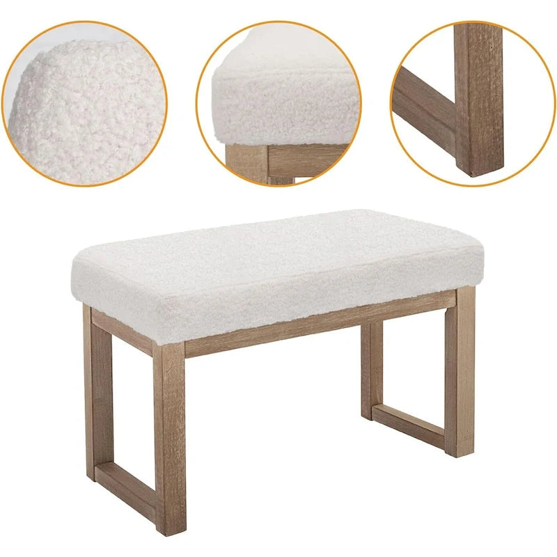 Banc ottoman rectangulaire en velours blanc, pieds en bois massif