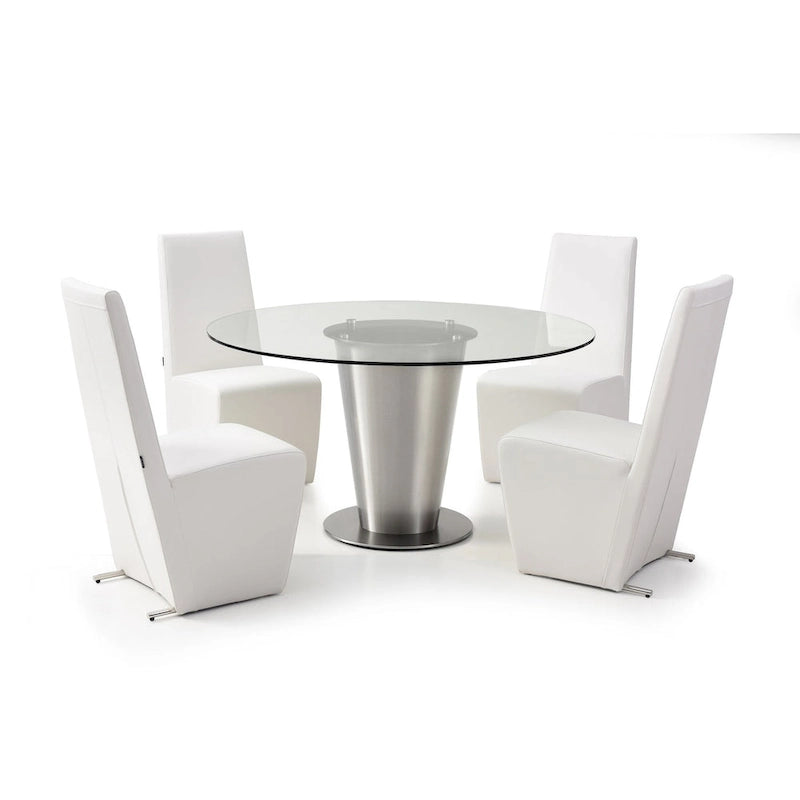Table à manger ronde en verre transparent avec piètement en acier inoxydable, plateau moderne et transparent