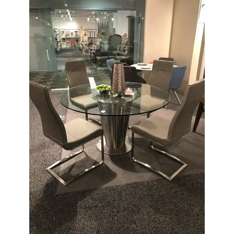 Table à manger ronde en verre transparent avec piètement en acier inoxydable, plateau moderne et transparent