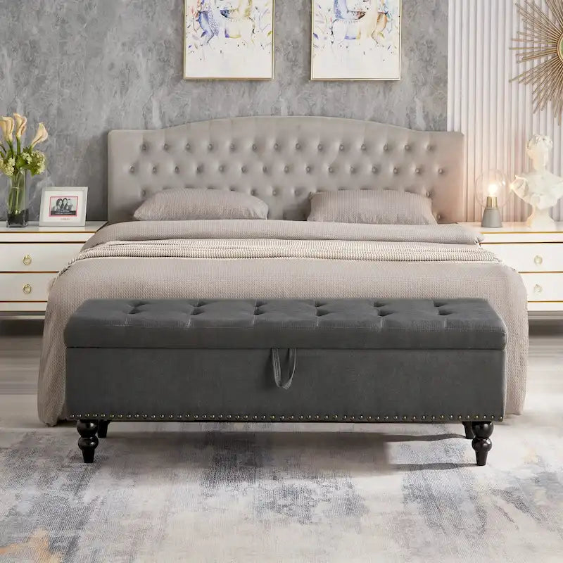 Banc de rangement capitonné Pouf en tissu avec pieds en bois Gris Beige Bleu
