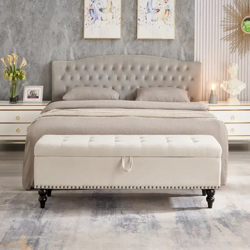 Banc de rangement capitonné Pouf en tissu avec pieds en bois Gris Beige Bleu