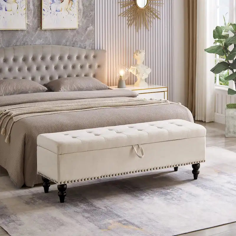 Banc de rangement capitonné Pouf en tissu avec pieds en bois Gris Beige Bleu