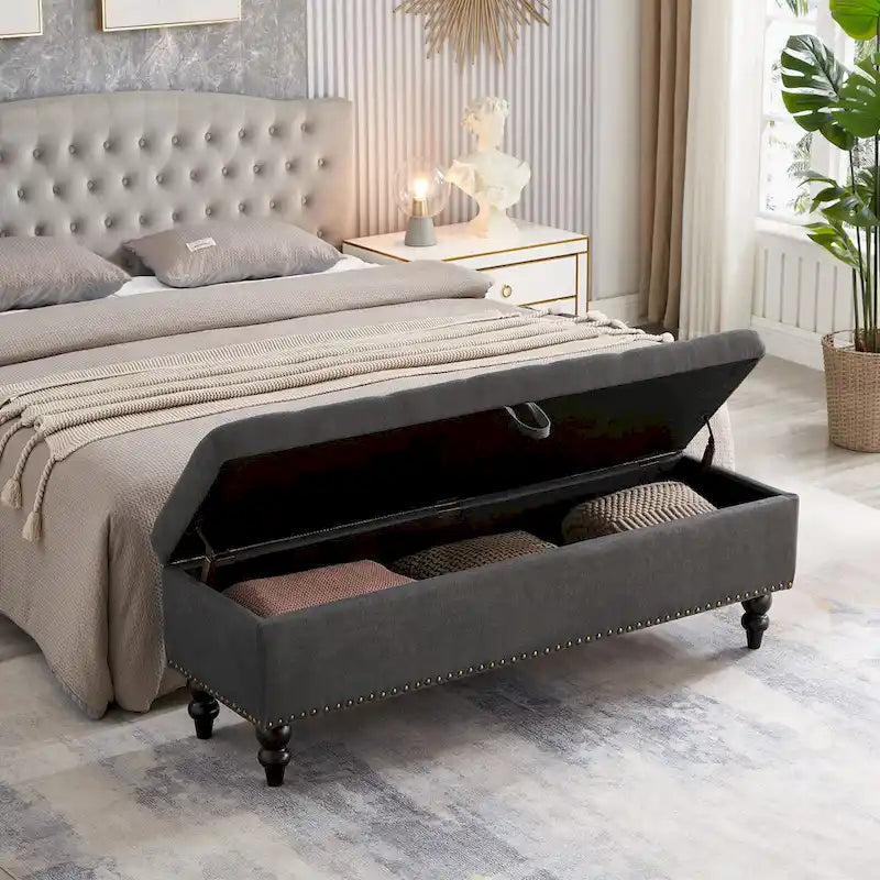 Banc de rangement capitonné Pouf en tissu avec pieds en bois Gris Beige Bleu