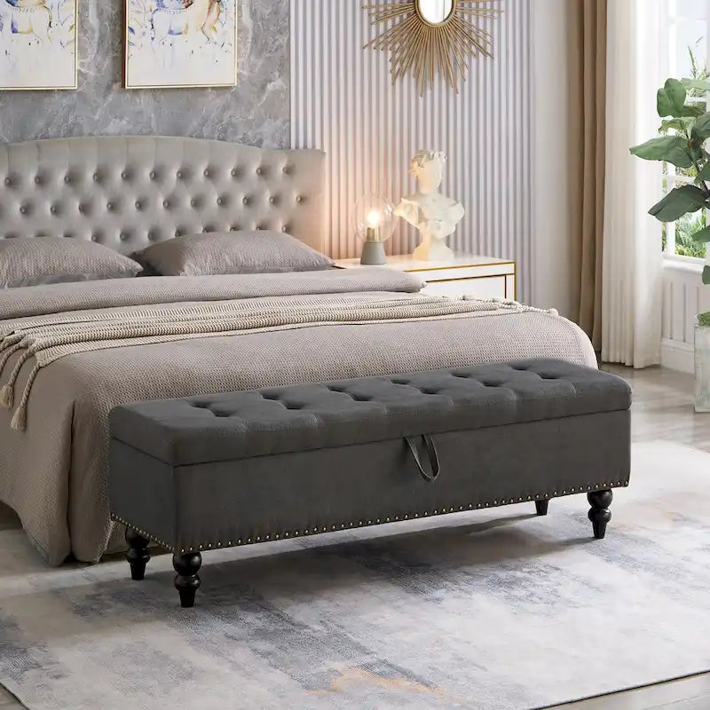 Banc de rangement capitonné Pouf en tissu avec pieds en bois Gris Beige Bleu