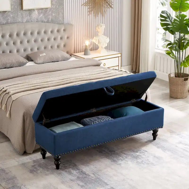 Banc de rangement capitonné Pouf en tissu avec pieds en bois Gris Beige Bleu
