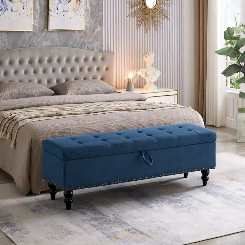 Banc de rangement capitonné Pouf en tissu avec pieds en bois Gris Beige Bleu