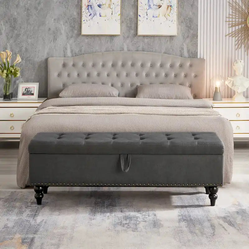 Banc de rangement capitonné Pouf en tissu avec pieds en bois Gris Beige Bleu