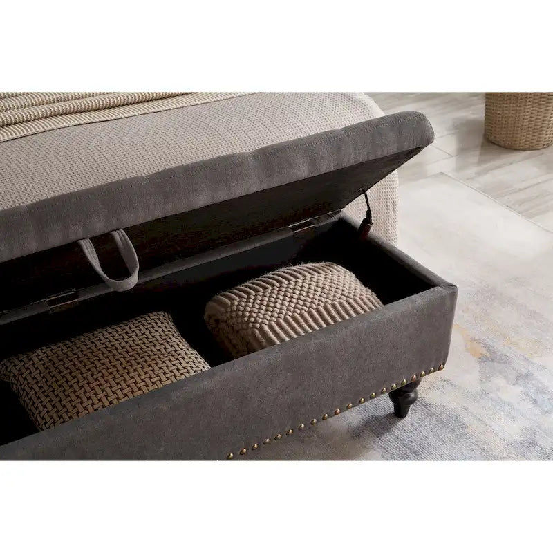 Banc de rangement capitonné Pouf en tissu avec pieds en bois Gris Beige Bleu