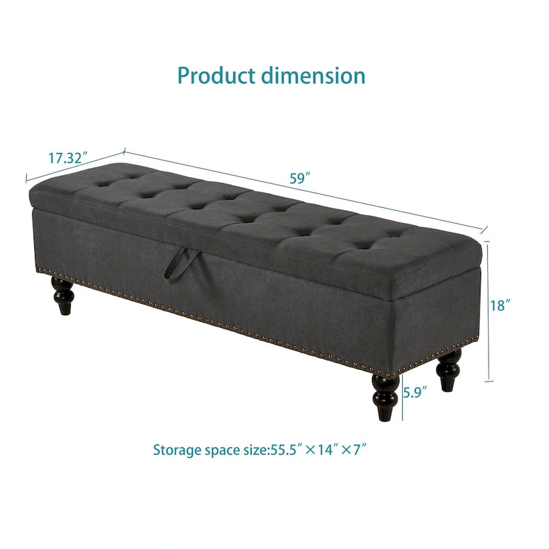 Banc de rangement capitonné Pouf en tissu avec pieds en bois Gris Beige Bleu