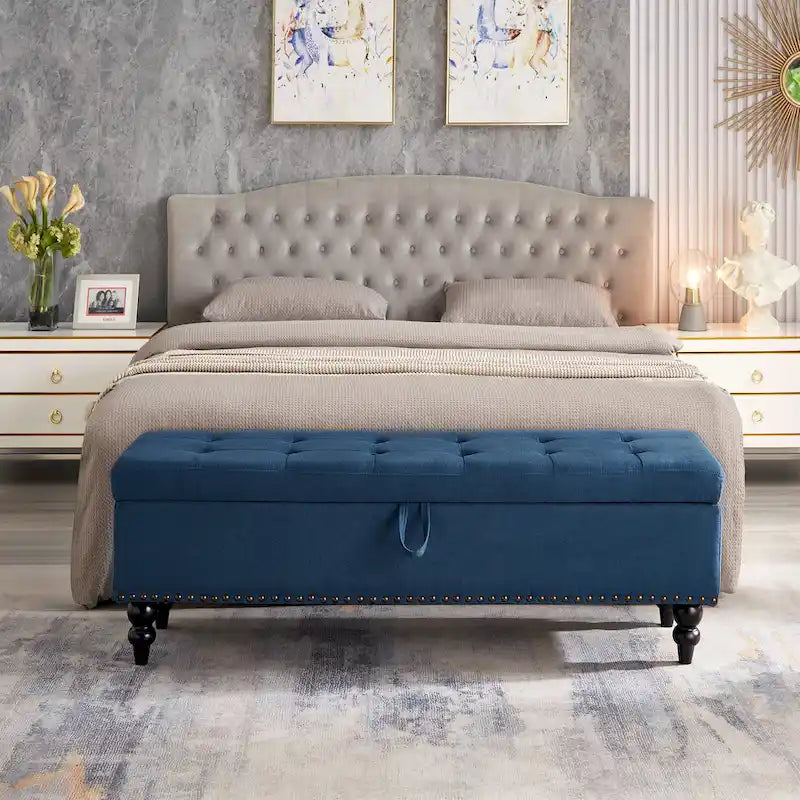 Banc de rangement capitonné Pouf en tissu avec pieds en bois Gris Beige Bleu