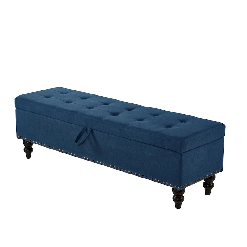 Banc de rangement capitonné Pouf en tissu avec pieds en bois Gris Beige Bleu