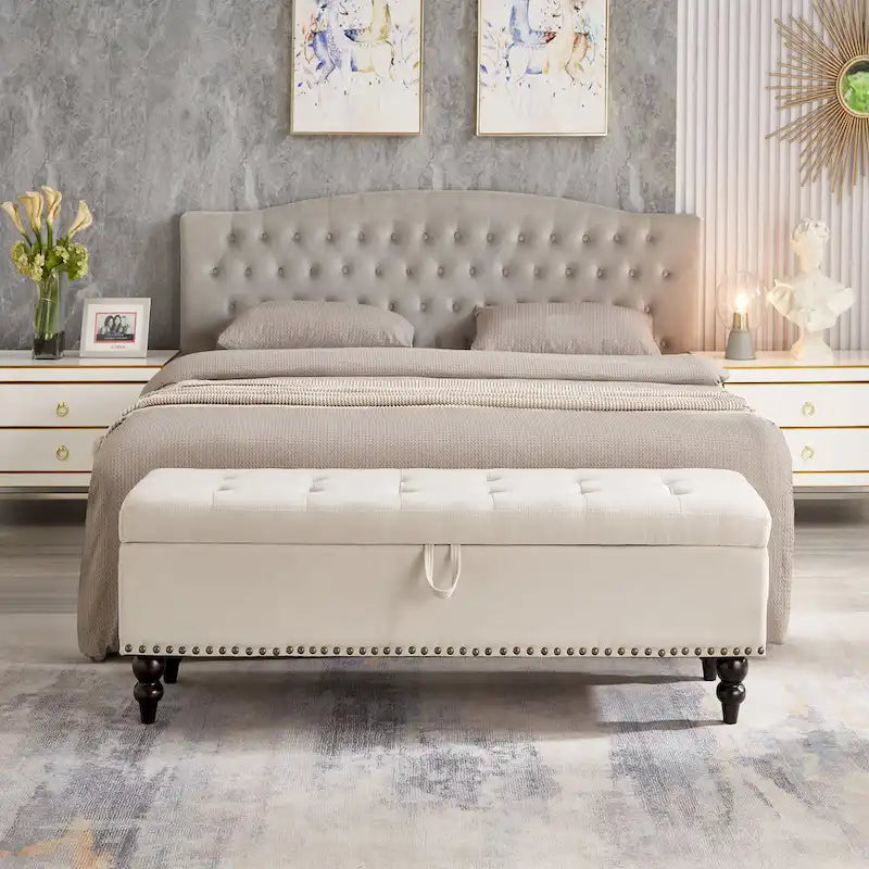 Banc de rangement capitonné Pouf en tissu avec pieds en bois Gris Beige Bleu