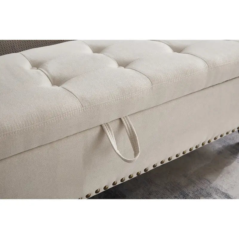 Banc de rangement capitonné Pouf en tissu avec pieds en bois Gris Beige Bleu