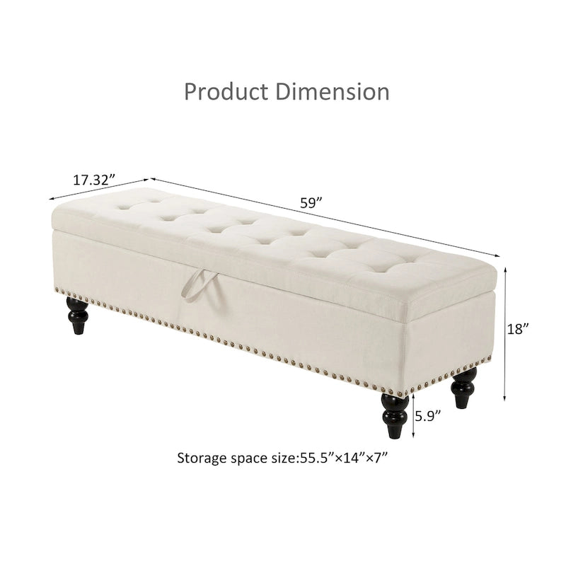 Banc de rangement capitonné Pouf en tissu avec pieds en bois Gris Beige Bleu