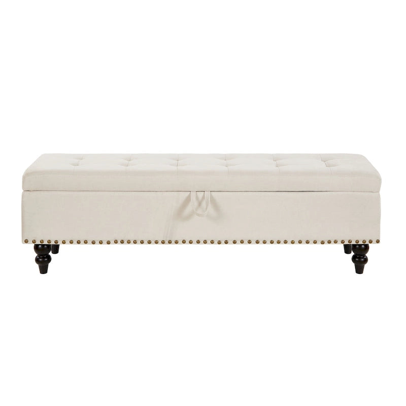 Banc de rangement capitonné Pouf en tissu avec pieds en bois Gris Beige Bleu