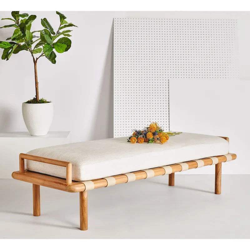 Banc coussin en bois de teck lin blanc naturel style bohème côtier