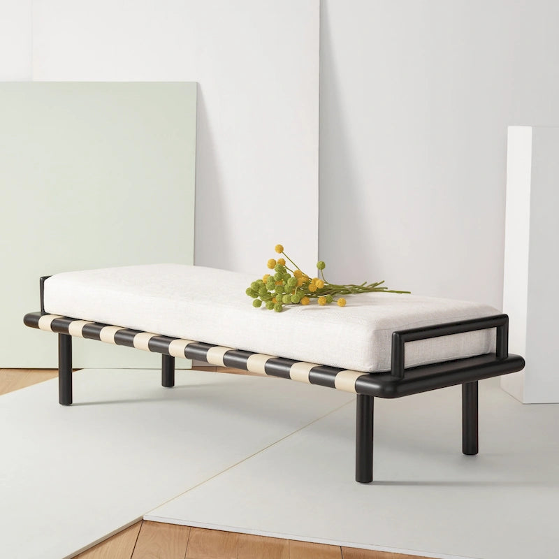 Banc coussin en bois de teck lin blanc naturel style bohème côtier