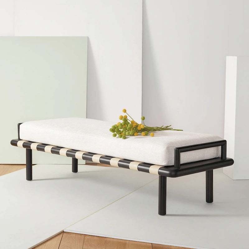 Banc coussin en bois de teck lin blanc naturel style bohème côtier