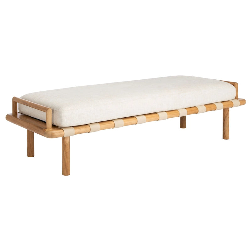 Banc coussin en bois de teck lin blanc naturel style bohème côtier