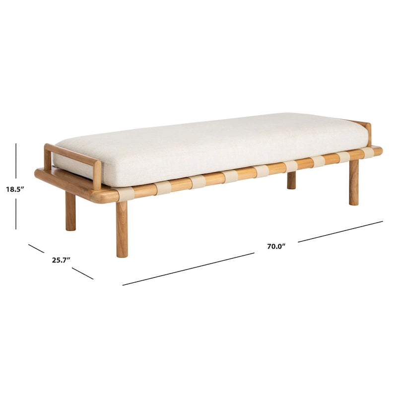 Banc coussin en bois de teck lin blanc naturel style bohème côtier