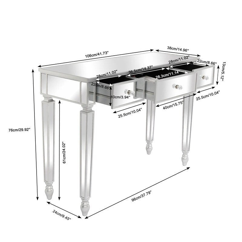 Coiffeuse 3 tiroirs finition miroir argenté avec compartiments de rangement