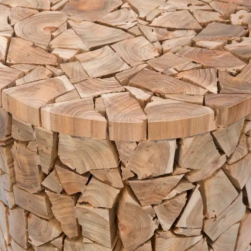 Tabouret Rond en Teck Recyclé Table d'Appoint Mosaïque Éclats de Chêne Moyen