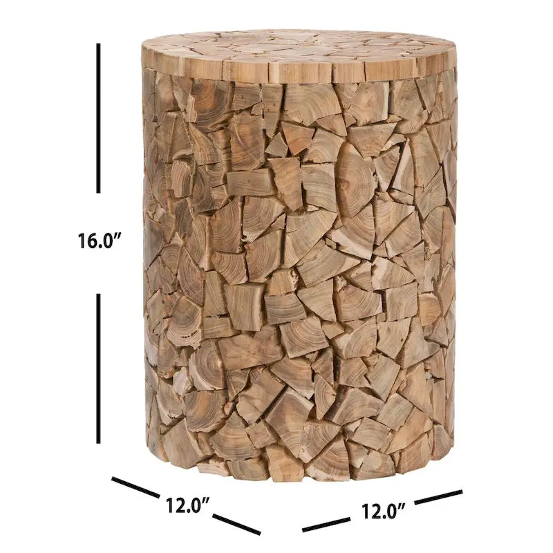 Tabouret Rond en Teck Recyclé Table d'Appoint Mosaïque Éclats de Chêne Moyen